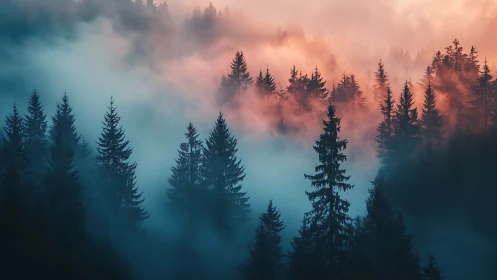 Misty Coniferous Forest Landscape with Golden Dawn Atmospheric Effects