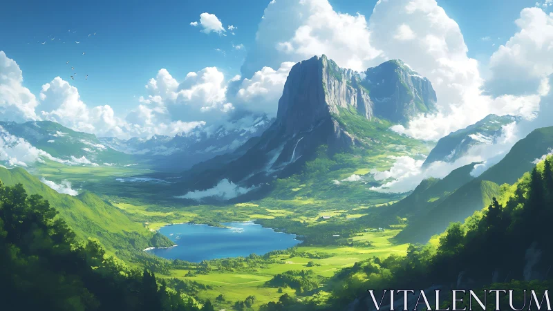 Sunlit alpine valley with towering monolith rendered in digital painting