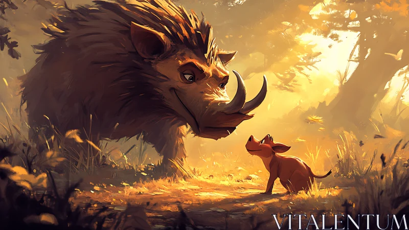 Large boar and small canine in warm forest clearing scene.