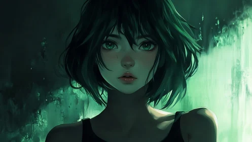 Digital portrait depicts green-lit girl in controlled lighting