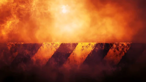Industrial striped structure in atmospheric smoke and orange light