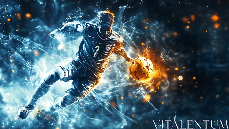 Soccer player in motion with glowing ball and energy effects.