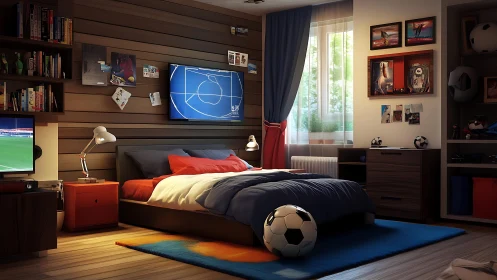 Photorealistic teen sports bedroom with soccer-themed decor