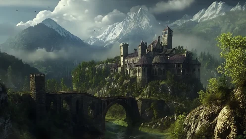 Stone fortress on forested cliff beneath alpine peaks.