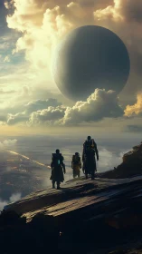 Four figures observe large spherical structure above cloud layer