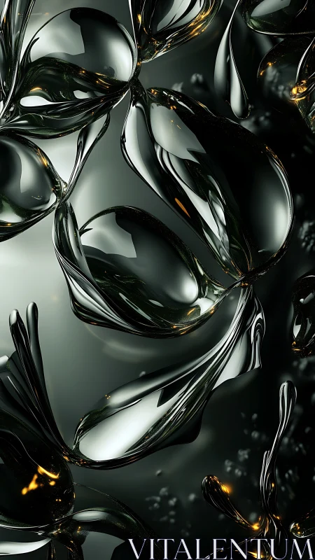 Liquid chrome blooms drift through deep emerald shadows.
