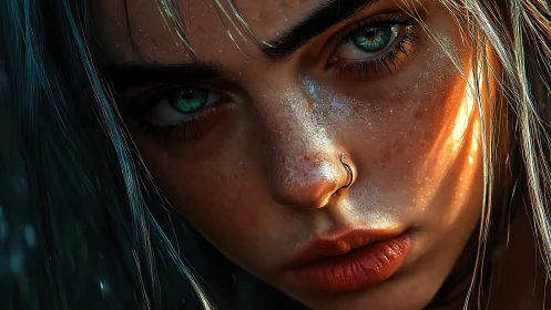 Intense digital portrait of freckled woman in sunset light.