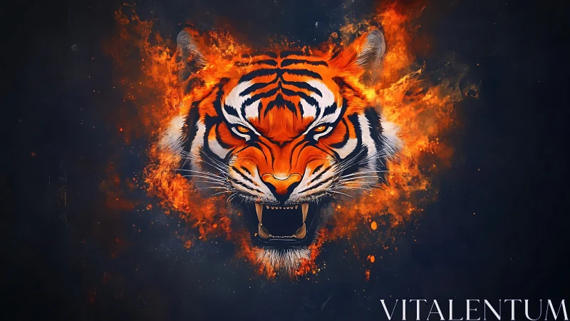 Blazing tiger visage roaring from a storm of molten fire.