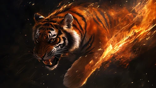 Inferno-charged tiger hurtles forward, shredding the darkness