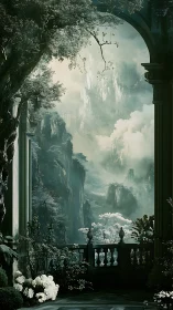 Neo-classical balcony framing misted vertical cliff valley