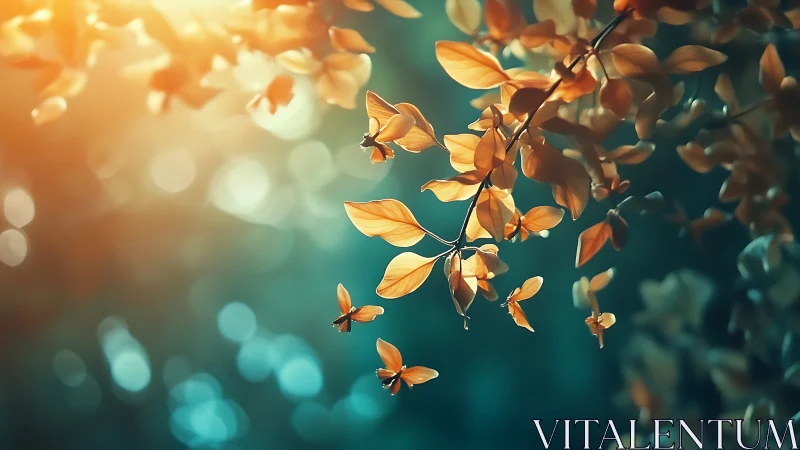 Golden autumn leaves on branch with dreamy bokeh background.
