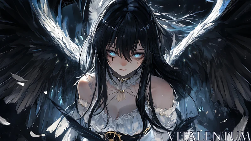 Storm-eyed fallen angel poised between shadow and starlight.