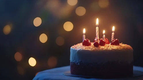 Birthday Cake with Lit Candles Against Bokeh Background.