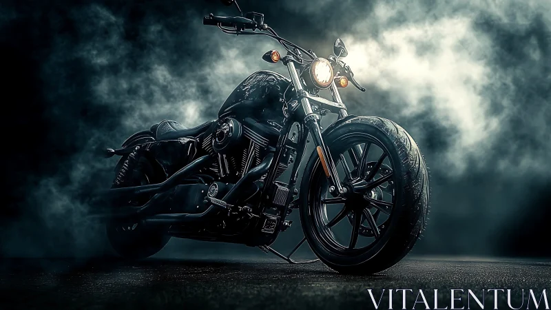 Custom black motorcycle emerges from cinematic studio fog.