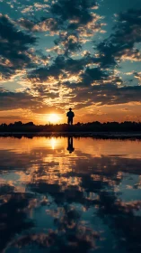 Silhouette dreamer stitched between mirrored sunset worlds.