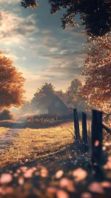 Country lane and cabin in warm autumn evening light.