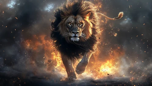 Male lion running through fire and smoke in dark scene.