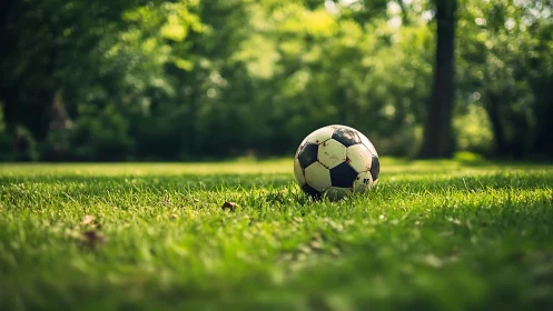 Weathered soccer ball on grass in shallow depth field.