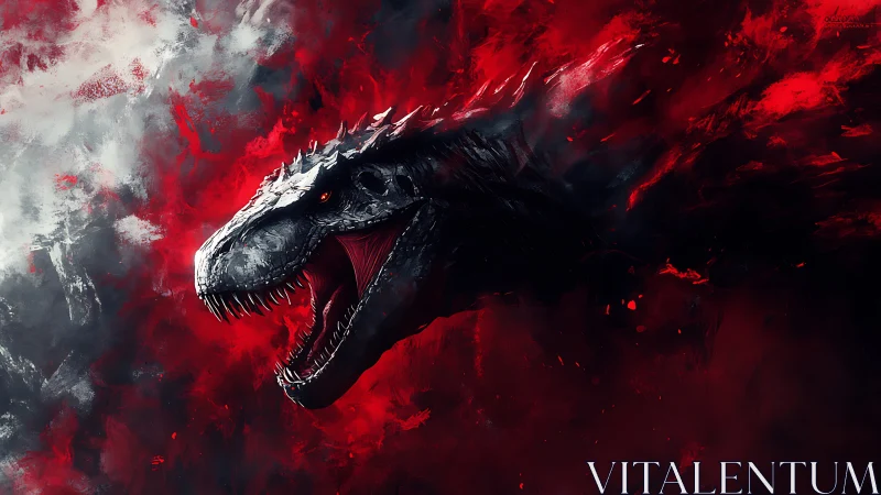 Dinosaur head roars against red and black abstract background