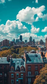 Sunlit city rooftops rest beneath bright clouds and blue sky
