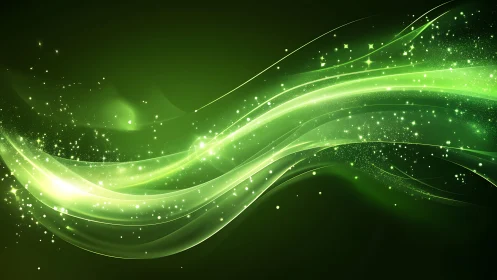 Glowing green energy waves drift gently through starry light