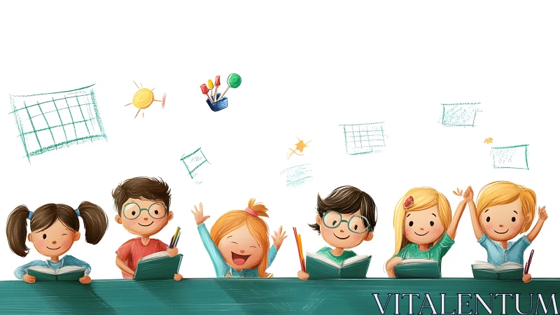 Cheerful Children Reading Books with Playful Educational Imagery.