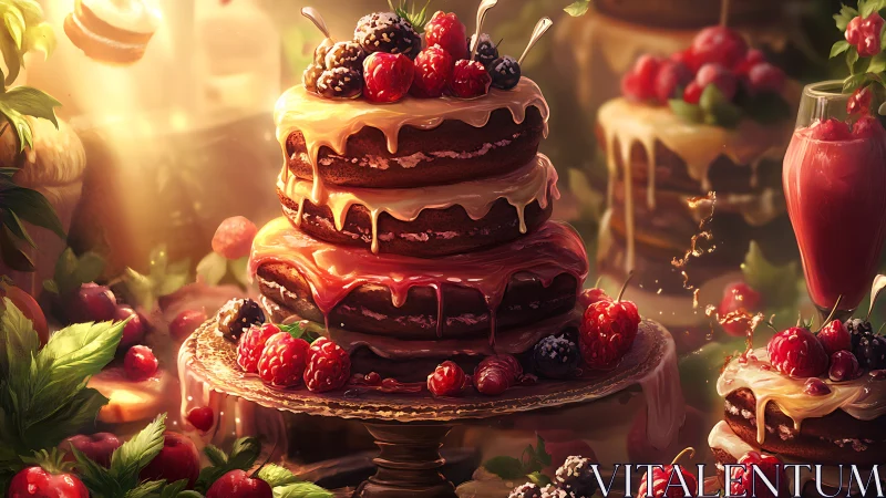 Three-tier chocolate cake with berries and caramel drip on gold stand
