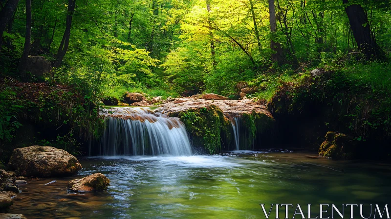 Small forest waterfall flows over rocks into clear pool