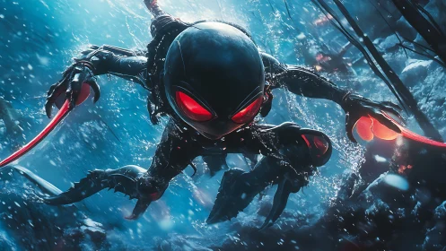 Armored aquatic assassin lunges forward in icy blue depths.