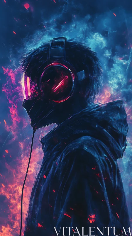 Neon night wanderer listening to fire and frost collide.