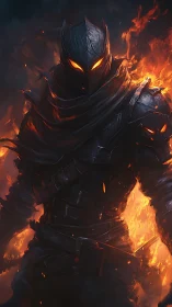 Infernal armored wraith with ember eyes in flaming battleground