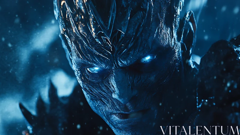 Icy blue-eyed humanoid creature in intense close-up portrait.