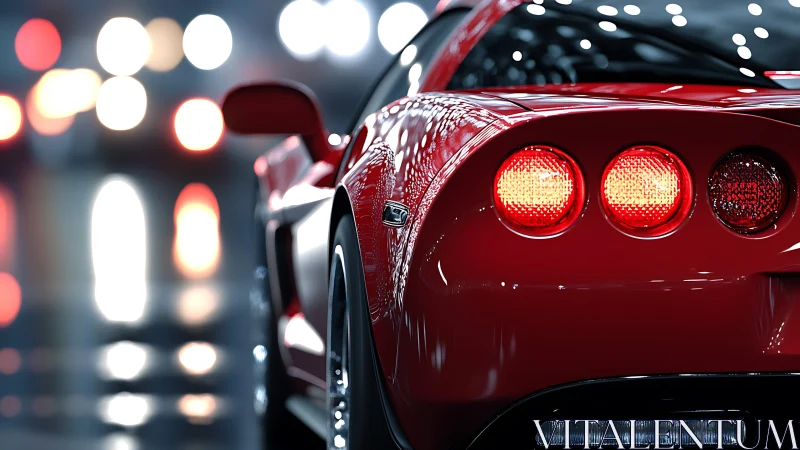 Scarlet street racer idling under neon city drizzle.