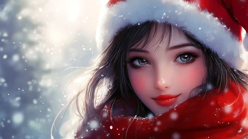Festive anime girl in red Santa hat amid softly falling snow.