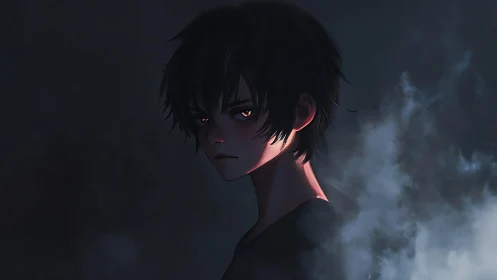 Side profile of dark-haired youth in low light setting.