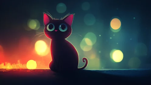 Luminescent Black Cat Digital Portrait with Neon Bokeh.