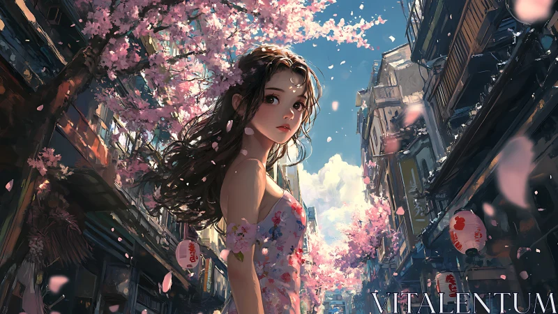 Spring-lit alley portrait under cascading sakura petals.