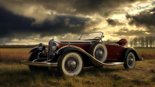 Vintage roadster parked in dramatic rural landscape scene.