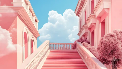 Dreamy pink neoclassical stairs rise toward serene blue skies