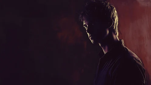 Moody low key portrait of young man in shadowed profile.