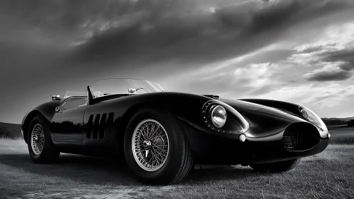 Monochrome low-angle portrait of vintage sports roadster car