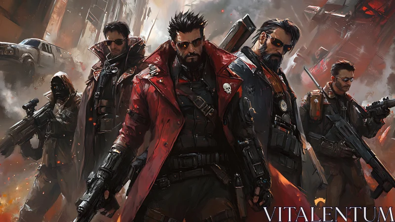 Heavily armed cyberpunk squad advances through burning urban ruins