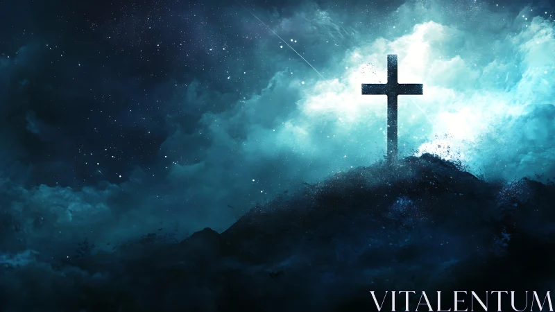 Luminous cross on stormy hill under cinematic starry sky.