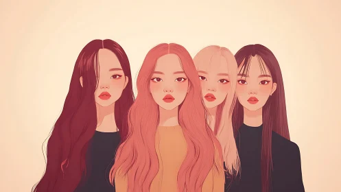 Four stylized young women stand side by side facing forward