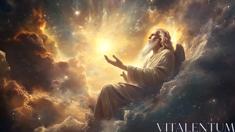 Celestial elder cradles newborn sun in swirling starclouds.