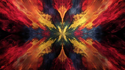 Solar phoenix bloom in mirrored cosmic firestorm canvas.