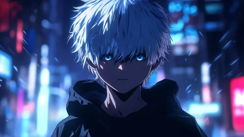 White haired anime boy in dark neon city at night.