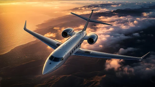 Sunset jet carves molten sky above rugged coastal clouds.