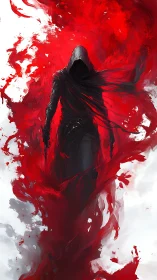 Hooded dark figure framed by abstract red motion field.