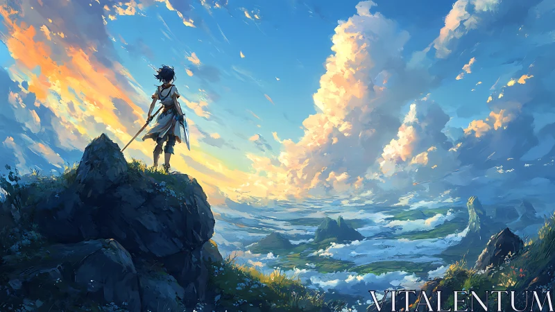 Lone adventurer overlooking vast sunlit fantasy valley.